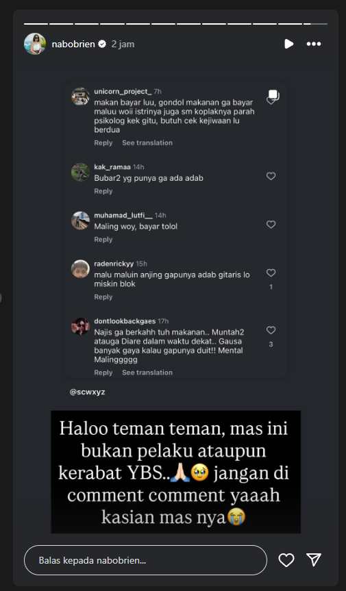 Nabilah O'Brien meminta netizen tidak menyerang Instagram Sam Christ
